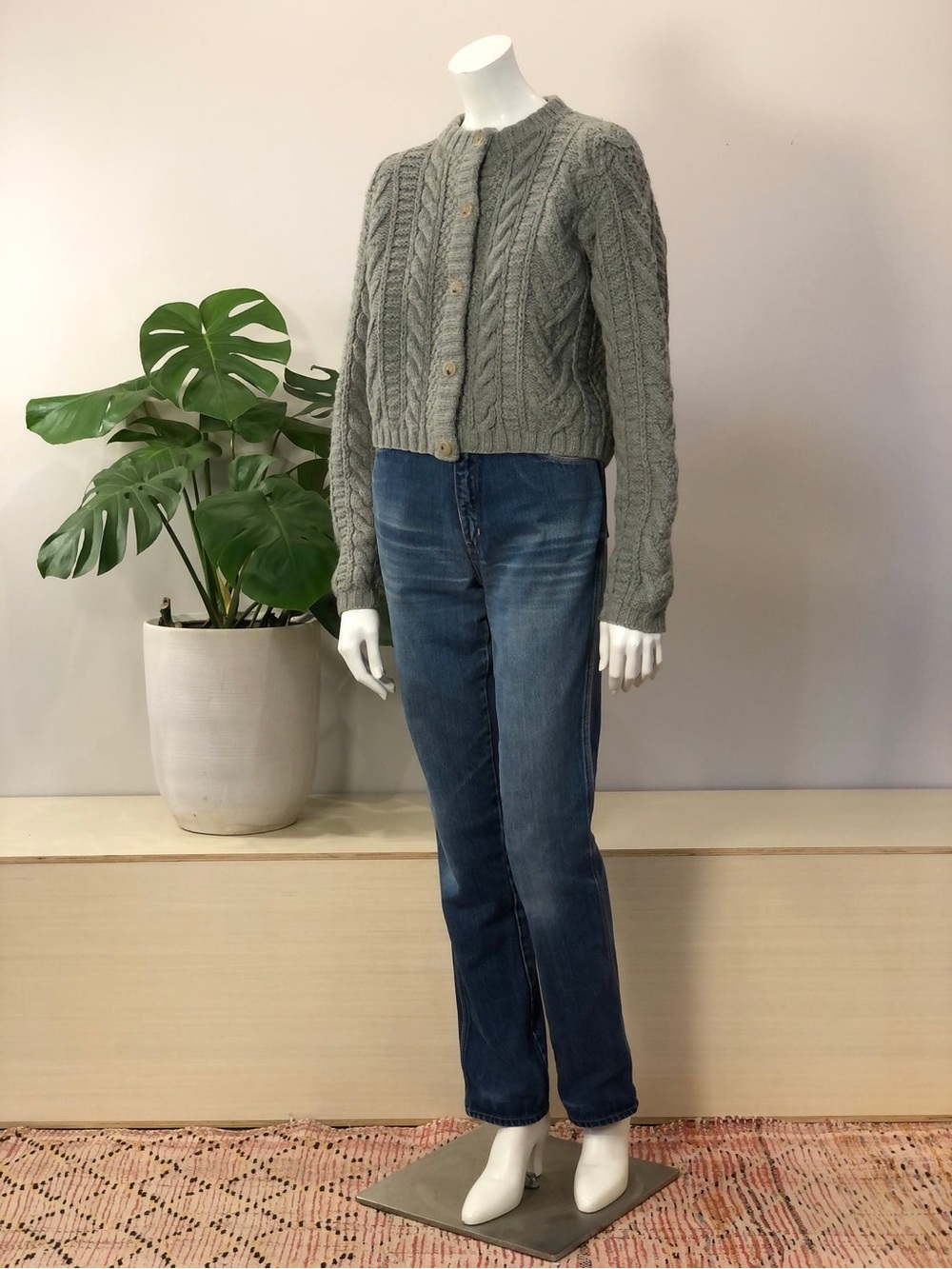 J.Crew 80s 90s Boxy Chunky Cable Knit Sage Green Cardigan Sweater - M - Picture 3 of 6